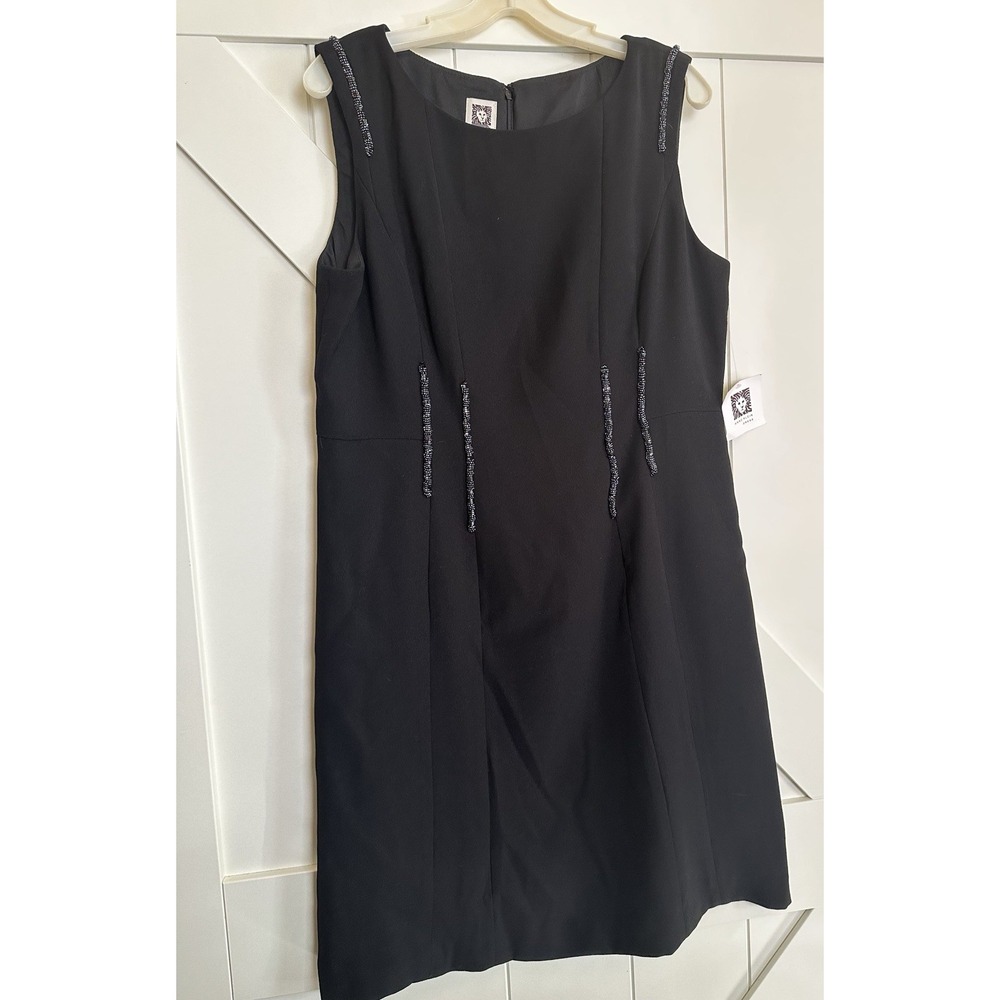 NWT Anne Klein Black Sheath Dress Sz 14 Beaded Accents Lined Sleeveless Back Zip